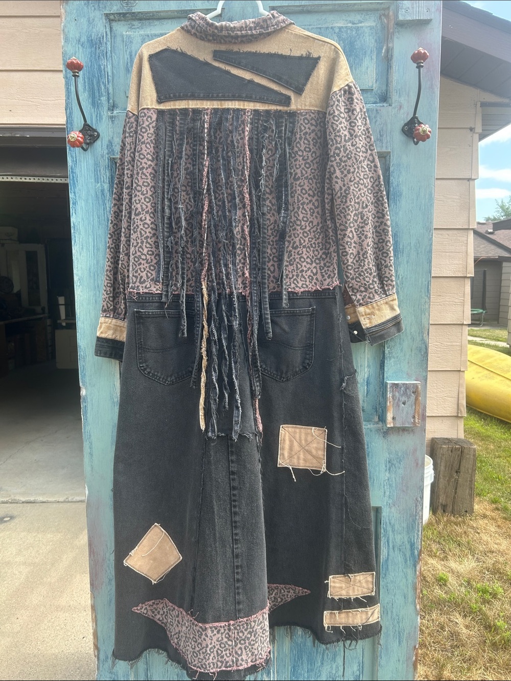 Upcycled zombie apocalypse leopard print tattered patched denim duster jacket - Picture 5 of 13